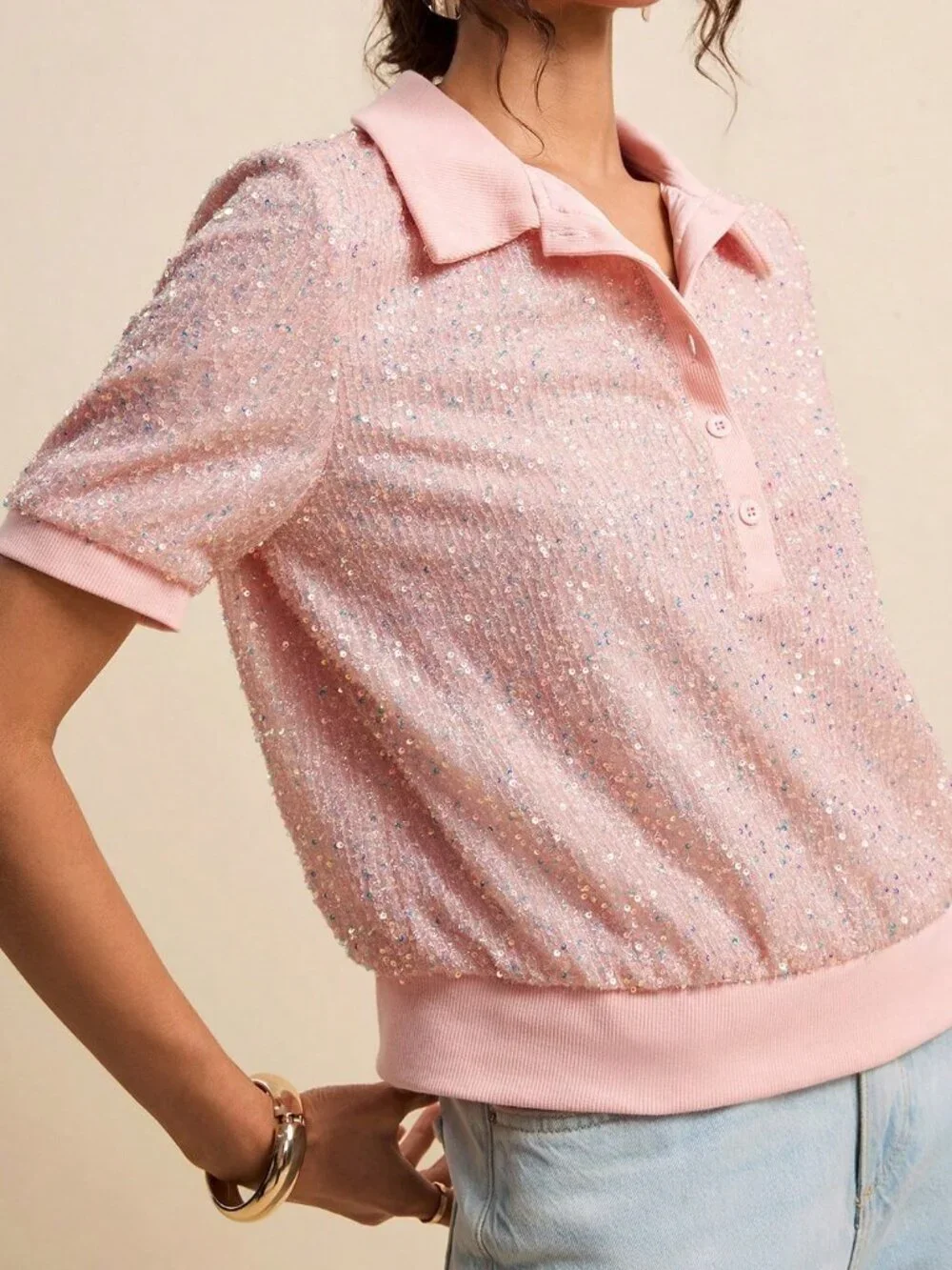 Pink Party Women's Loose Fit Short Sleeve Sequins T-Shirt